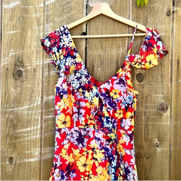 🌿 Red Radiant Ruby Floral Chiffon Asymmetric Dress 🌿 - Picture 9 of 14